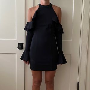 Black ruffle col shoulder dress